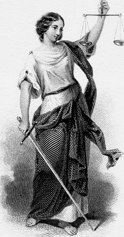 Steel engraving of Justice holding scales and a sword