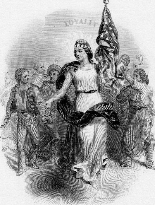 Steel engraving of Loyalty, a standing allegorical figure, from a United States banknote