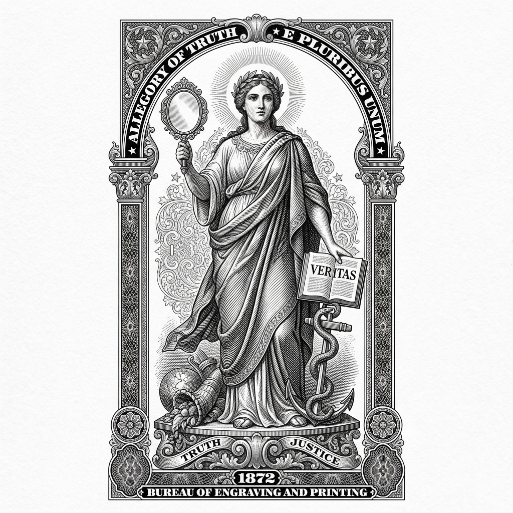 Steel engraving of Allegory of Truth holding a mirror